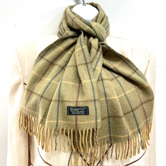 Vintage-Burberrys of London Men/Women   100% Cashmere Olive Checked  68"x12" (5 - Picture 2 of 10